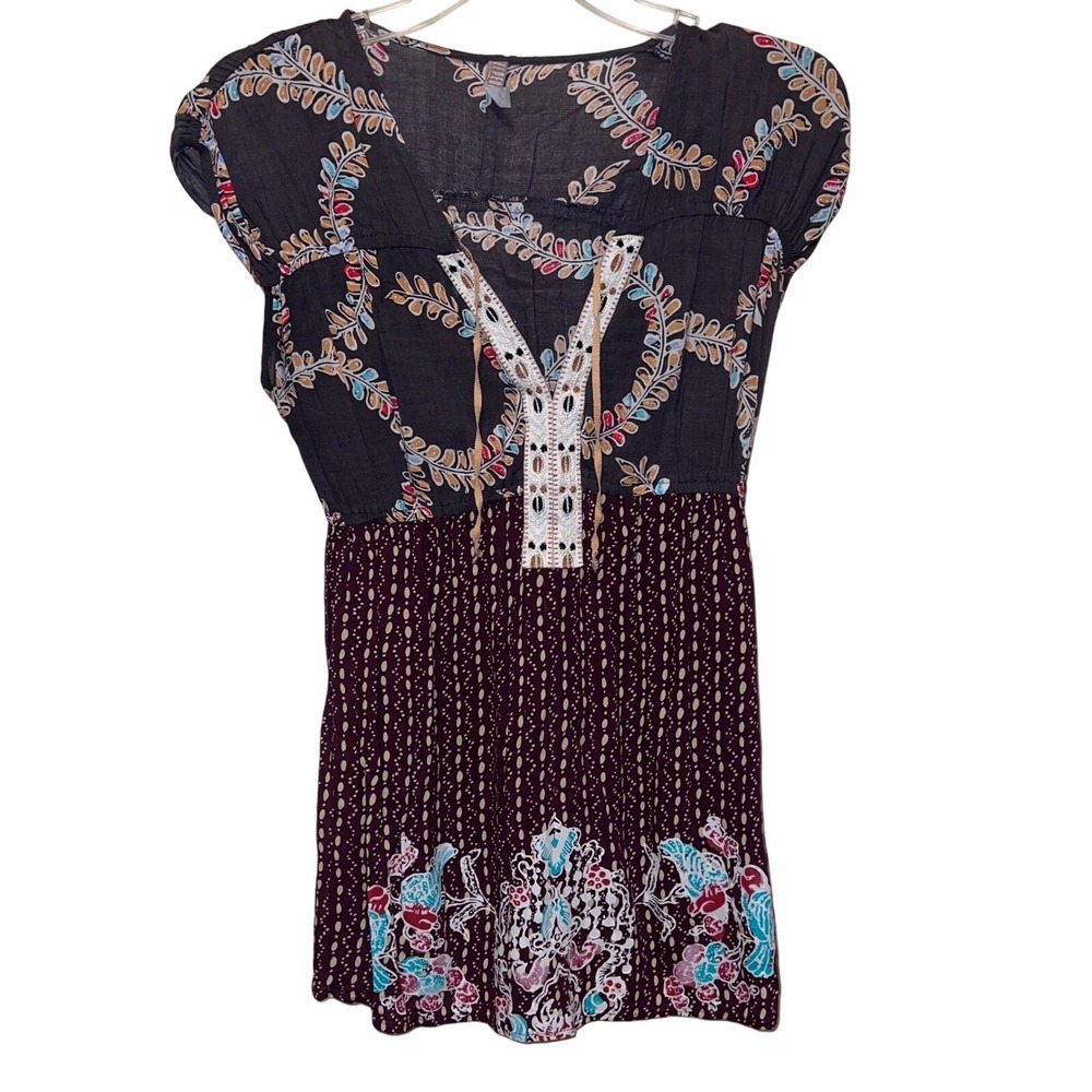Free People Boho Hippie Tunic Top Lace Up V-Neck Tunic Festival, peasant